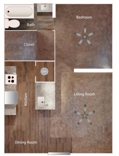 A floor plan of a house showing the layout of the bedroom, bath, living room, kitchen and dining room.